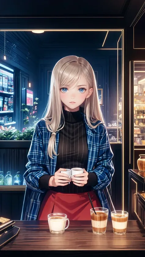 " Detailed illustration of a young girl sting in front of a cozy coffee shop.  she has long blond hair 、  wears a black turtleneck  ,  red skirt  , 、large plaid coat  .  coffee shop behind her  、  warm lighting with visible signs  . the mood is calm peacef...