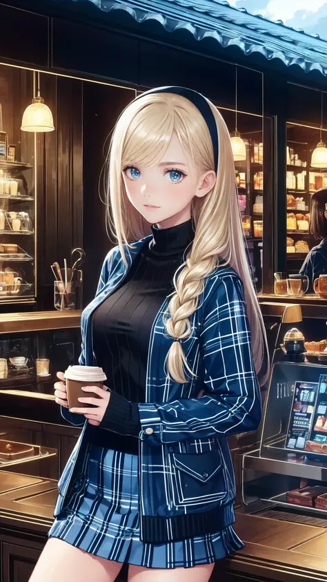 " Detailed illustration of a young girl sting in front of a cozy coffee shop.  she has long blond hair 、  wears a black turtleneck  ,  red skirt  , 、large plaid coat  .  coffee shop behind her  、  warm lighting with visible signs  . the mood is calm peacef...