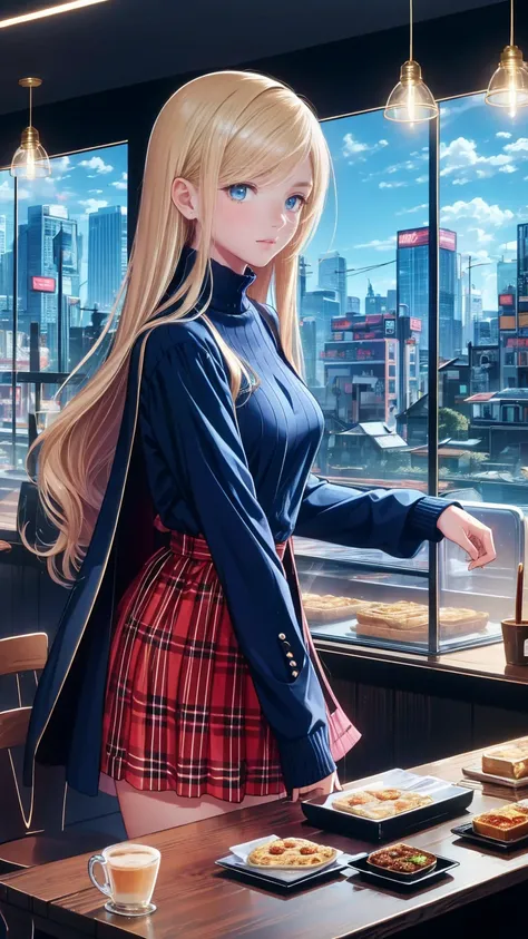 " Detailed illustration of a young girl sting in front of a cozy coffee shop.  she has long blond hair 、  wears a black turtleneck  ,  red skirt  , 、large plaid coat  .  coffee shop behind her  、  warm lighting with visible signs  . the mood is calm peacef...