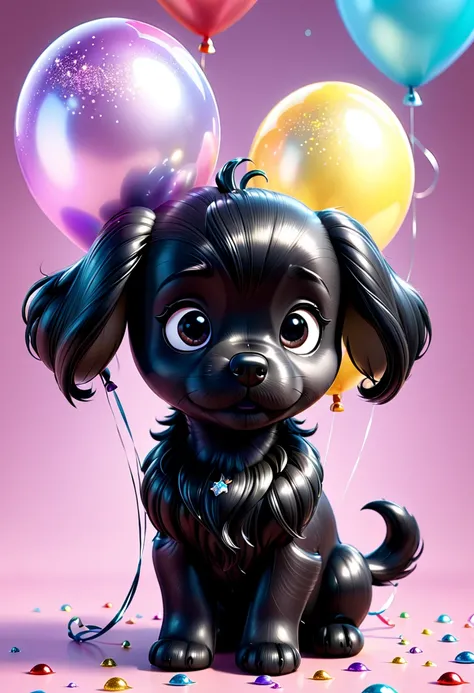 balloon puppies, long black hair, digital illustration, glitter 3D Pixar Style
