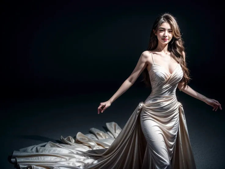 Create an elegant and graceful image of a beautiful young woman wearing a flowing, sexy dress, big breats She is standing confidently, with a gentle smile, gesturing as if explaining something passionately. Her posture exudes confidence and warmth, and the...