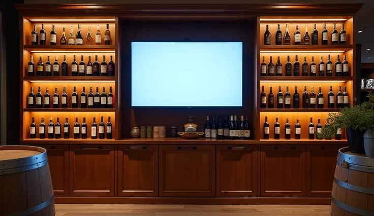 32" LED display in the middle of the wooden mobile cabinet with four shelf filled with wine bottles illuminated with descent ambient light as marketing spot in winery