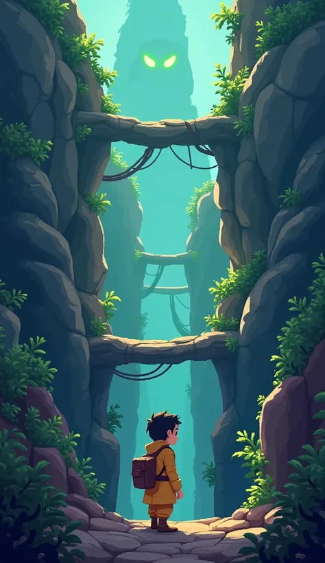 3D pixer cartoon in pakistan
Ali encountering a deep gorge with unstable bridges, sharp thorny bushes, and eerie glowing eyes peering from the dark."