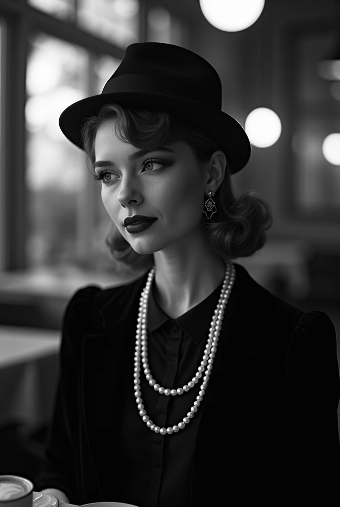 vintage cafe scene, elegant woman, black attire, pearl necklace, soft lighting, moody atmosphere, monochrome style, 1920s fashion, nostalgic mood, classic elegance
