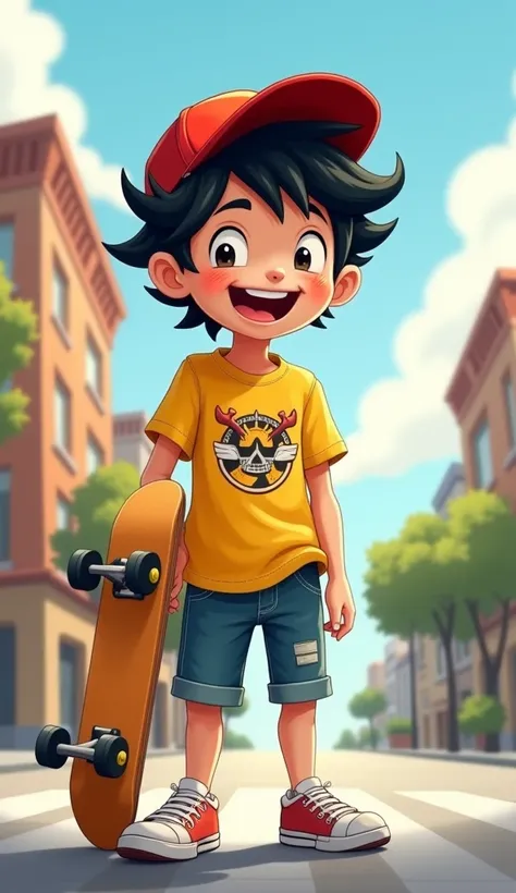 Cartoon Boy Design:
Hair: Messy black hair, topped with a red baseball cap.
Clothing: A yellow t-shirt with a cool graphic, denim shorts, and white sneakers.
Accessories: Holding a skateboard in one hand, suggesting an active, adventurous personality.
Expr...