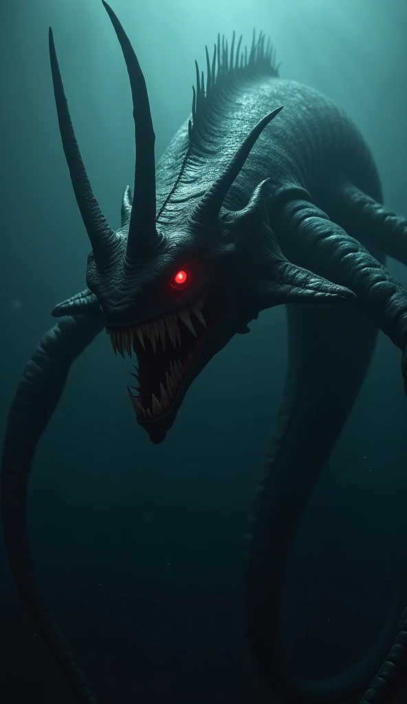 An ominous deep-sea creature lurking in the dark ocean depths. The creature has sleek, midnight-black scales with a serpentine body that tapers into a sharp, finned tail. Its head is angular and menacing, with a long, jagged horn protruding from its forehe...