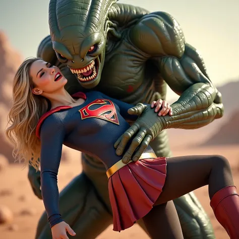 Melissa Benoist as Supergirl, face of Melissa Benoist, Supergirl is fighting and defeating by a huge body fierce Alien Monster, It is standing in front of her, the Alien Monster seize her body tightly, can see whole body, Supergirl is wearing a red leather...