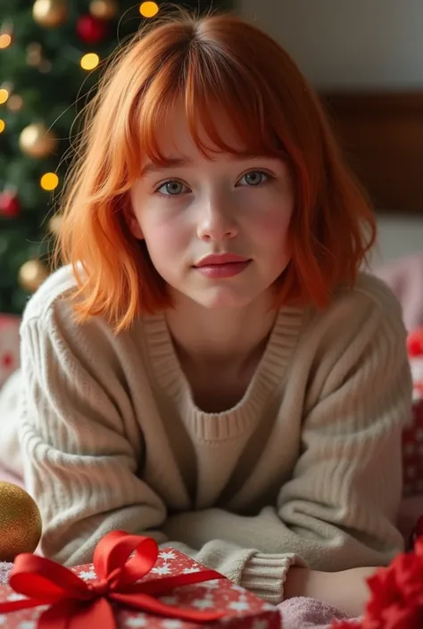  very detailed,  extremely realistic,  hyperrealism,  super real ,  top quality,(  Masterpiece  , soft lighting ,  STYLISH EYES WITH EVERY DETAIL: 1.2),15-year-old girl, (cute), sitting on bed、Surrounded by Christmas presents, off-the-shoulder sheer white ...