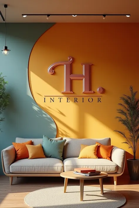 Ek picture generate kar do jis ma wall achi si hoo or sofa combed ho  color koi unique ho ka ya picture ek logo ka Liya Ban RHI ha jiska name T.H interior ha plzz koi achi si generate kar ka da do jis pa wall ka oper T.H interior ka logo design ho or wall ...