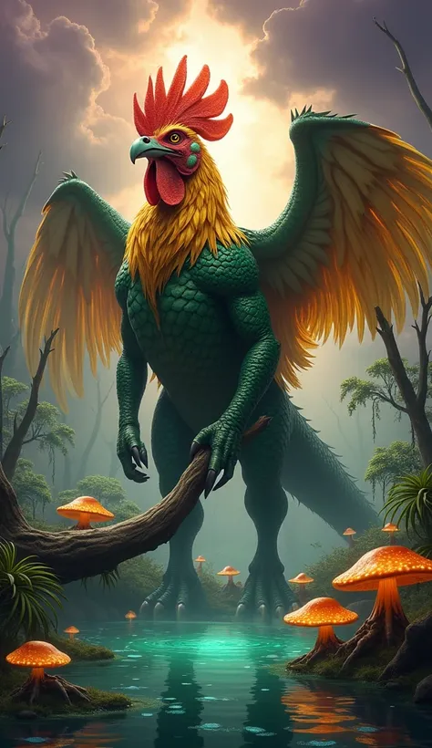 A colossal hybrid creature combining a hen and a crocodile, standing proudly in a lush, mythical swamp. The body has the sturdy, scaly texture of a crocodile with vibrant green and golden tones, while its head resembles a majestic hen with fiery orange and...