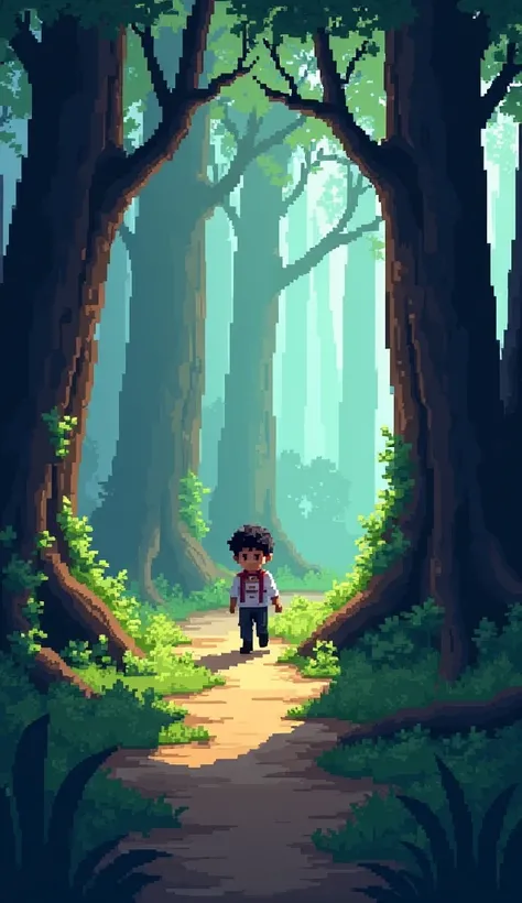 3D pixer cartoon in pakistan
Ali walking cautiously on a narrow forest trail, surrounded by towering trees, dark shadows, and a mysterious atmosphere."