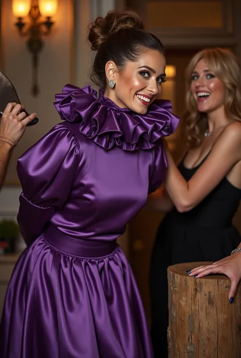 (realistic photograph sideways close up), (an accommodating beautiful Caucasian female with (messy hair bun) and wearing (shiny purple glamorous silk dress with (long gigantic puff sleeves), (and with an ultra high tight stand-up collar up to her cheeks) (...