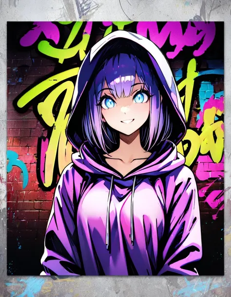 masterpiece,  top quality, 8k, detailed background, masterpiece,  top quality, smile,  ornament,  hoodie, Portraiture, Neon Purple, graffiti, dark, night, Shining Eyes,  black light ,