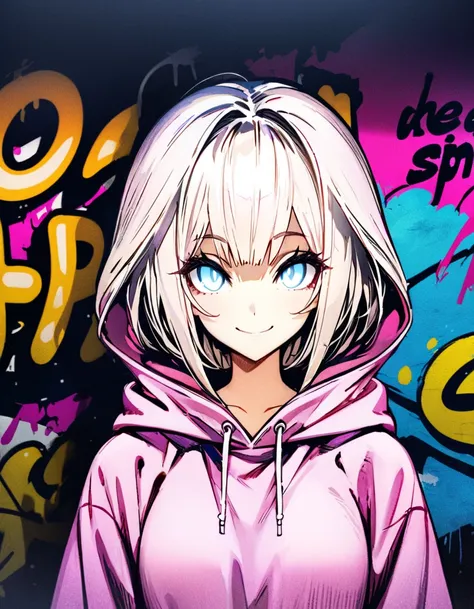 masterpiece,  top quality, 8k, detailed background, masterpiece,  top quality, smile,  ornament,  hoodie, Portraiture, Neon Purple, graffiti, dark, night, Shining Eyes,  black light ,