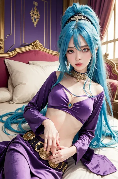 SCHALA, long blue hair, ponytail, purple eyes, long sleeved velvet top, midriff, navel,  purple velvet skirt, belt, jewels, lying on bed, hand rubbing stomach, relaxed, royal bedroom