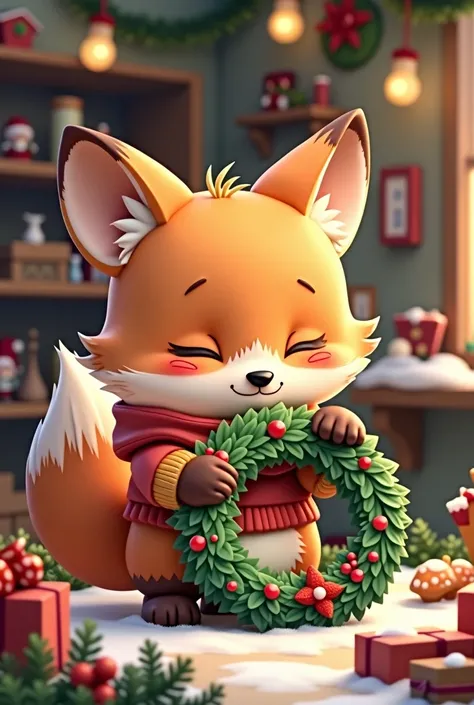 best quality, highly detailed,Fox,chibi,chiristmas,tuffed toy,Christmas shop background,The character is dressed,Indoor,Overall a warm atmosphere,((hight brightness)),fox is making a wreath,cute,ambient light,Low Key Lighting,realstic