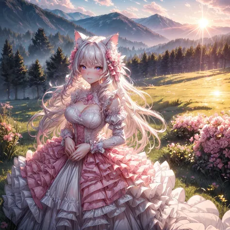 (cat girl, solo focus:1.5), beautiful gorgeous captivating cute adorable princess, (blushing:1.5), nose blush, (pink eyes:1.5) , (((hyper detail delicate beautiful eyes , big eyes, clear eyes, extremely detailed))), (soft thin lines:1.2, beautiful, delicat...