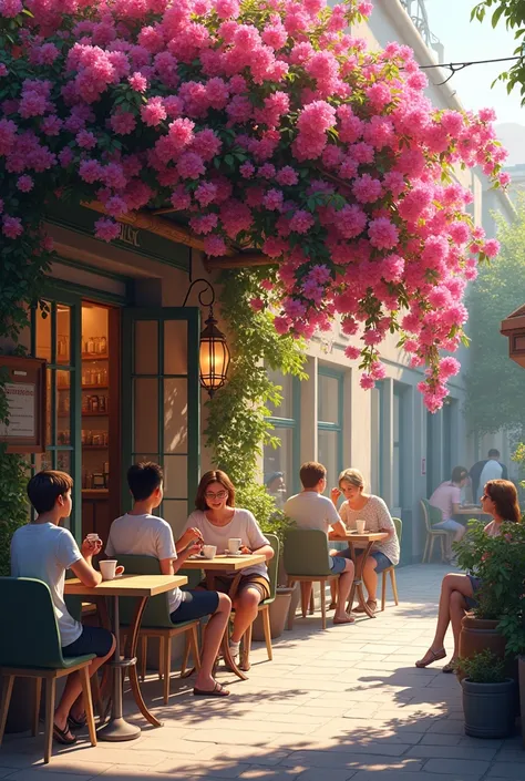 a small coffee shop under the bougainvillea tree in the sunny day