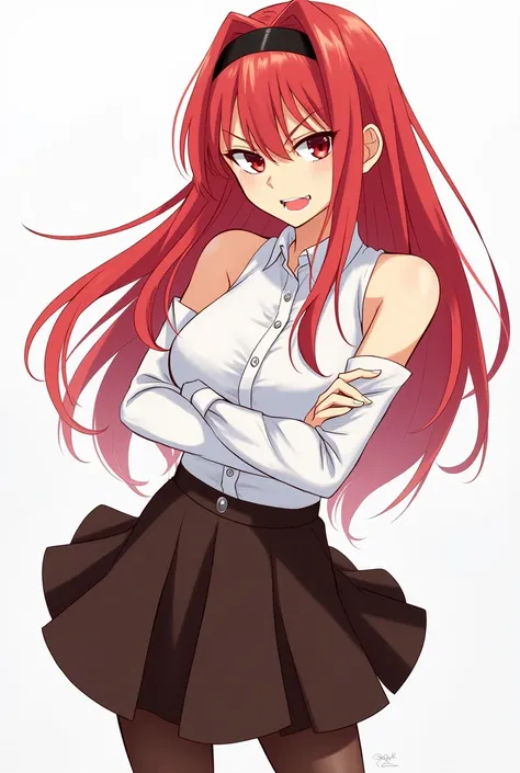 eris greyrat, 1girl, solo, long hair, ahoge, red eyes, red hair, bare shoulders,hairband, crossed arms,blush, skirt, black hairband, breasts, detached sleeves,bangs, hair between eyes, long sleeves, hair flaps, closed mouth, black skirt, brown skirt, shirt...