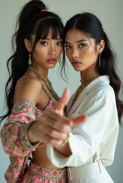 A very beautiful funky Asian beauty with bright red hip-hop fashion and a Western beauty in pure white fashion are pointing at us while looking at us with a keen eye