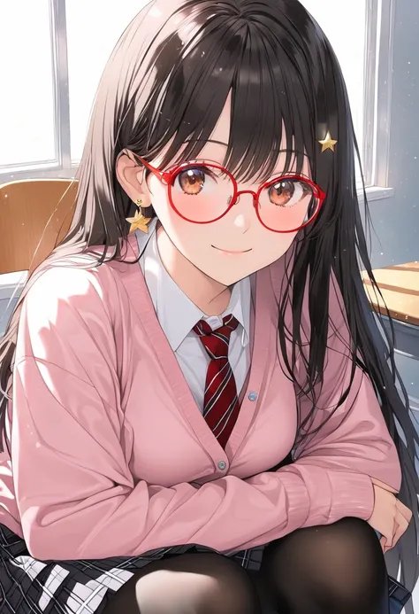 1girl, , brown eyes are shining and cute, black hair, long hair, extremely detailed neat hair,Straight hair, tareme, ((red-rimless eyewear:1.2)), star earrings, medium breasts, smile, blushful,
BREAK
 (collared white shirt,  (pink cardigan), checked pleate...