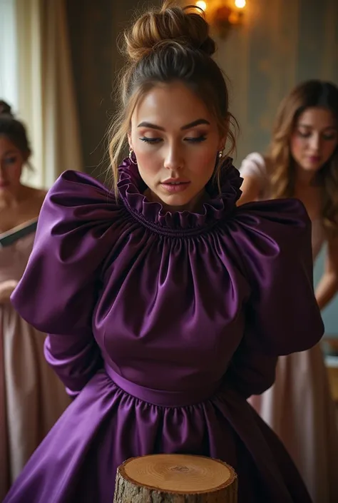 (realistic photograph sideways close up), (an accommodating beautiful Caucasian lady with (messy hair bun) and wearing (shiny purple glamorous silk dress with (long gigantic puff sleeves), (and with an ultra high tight stand-up collar up to her cheeks) (wi...