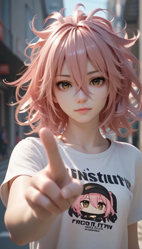 Put one hand on your lower back ,Black Street Fashion, 1 girl, Pink Hair, Brown Eyes, Hair Between Eyes, Chibi, 3D Cartoon, Looking at viewer, Messy Hair, No Background