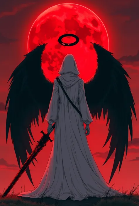  Make an anime version image of a woman with her back , wearing a white hooded robe ,  2 large black wings on her back , a black halo on her head ,  looking at a huge red moon with a red sword in her hands filled with blood 