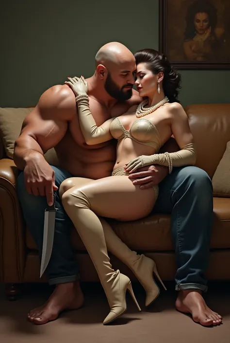  Man and woman kissing sitting on the couch.
 Big and big man ; CALVO,  very strong and muscular , Naked,  has a knife in his hand .
Donna piccola, very big breasts , anni 40, capelli raccolti, Heavy makeup , scared ,  wears pearl jewelry , long beige leat...