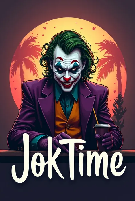  Cafe logo named Jok Time using the Joker logo from the movie in the background,  Joker silhouette should not be scary , more like the ,  but to see that it was him. on the front, Jok Time cafe name . 