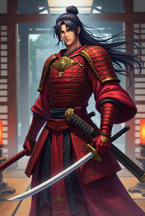 Generate a samurai in yu gi oh! card artwork style, with long hair and a cremisi armor and put him in a dojo background