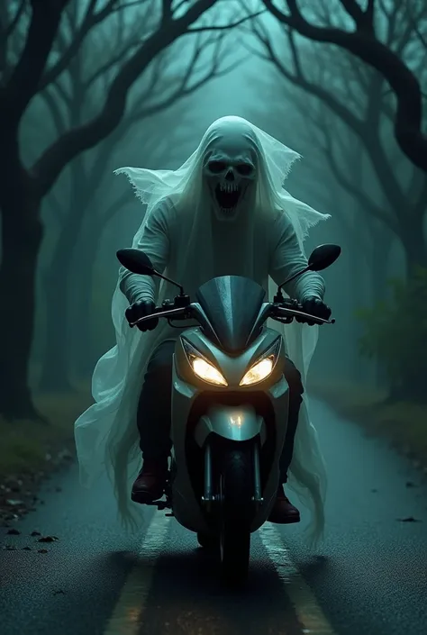 (photorealism:1.2),  ghost pocong , dull face , horror,  invisible eyes , was ramming a passer-bys motorcycle,  intense night atmosphere ,  trees around look haunted 