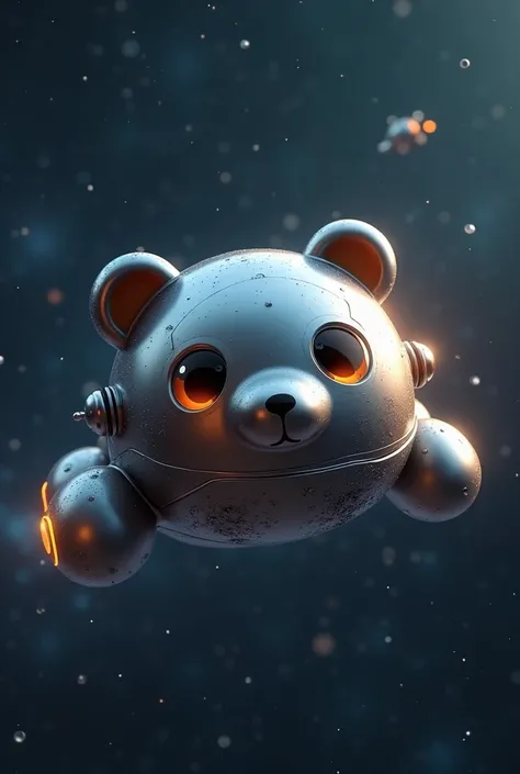 Metal spaceship in the shape of a cute bear in space