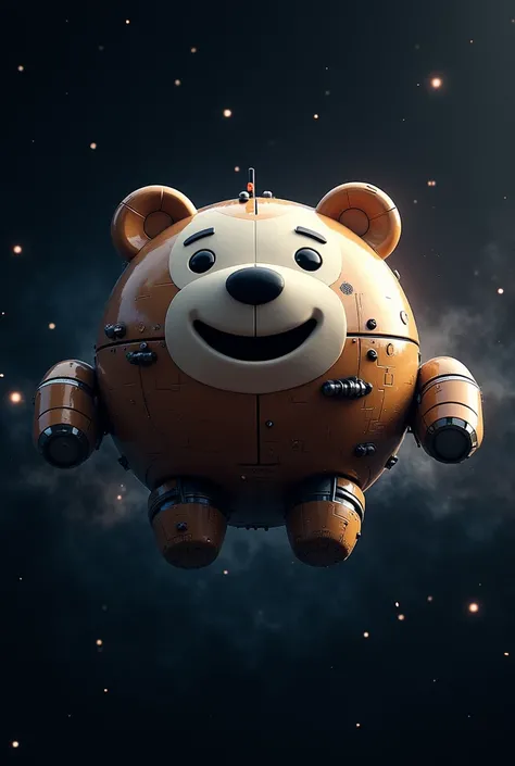 A metal spaceship in the shape of a cute big bear in space