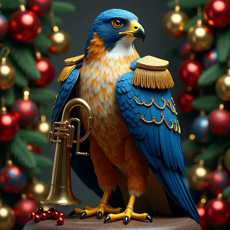 Uniformed blue and gold falcon, holding a tuba ,  in the background Christmas ornaments 