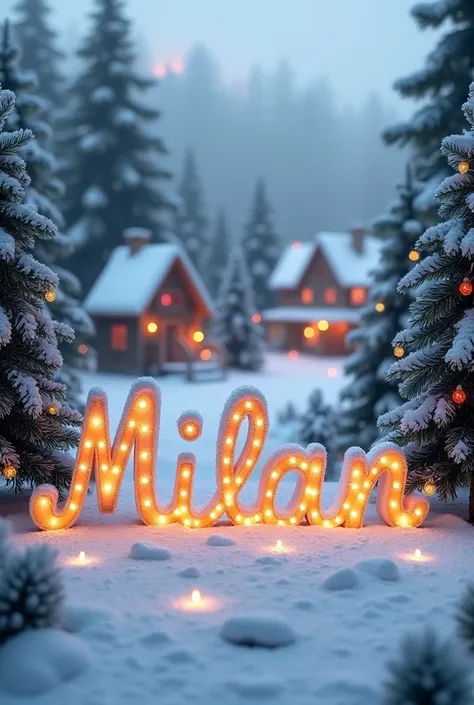 Write this name MILÁN on a christmas picture. There should not be any people in the photo.