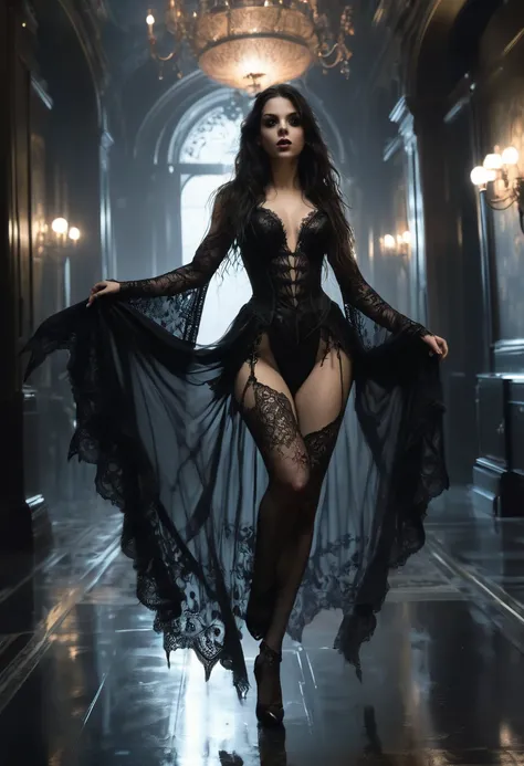 (( intricate detail)), dark fantasy  (/style/), Dark atmosphere, ( beautiful European girl succubus ,  tall, long hair ), ( black lace sexy costume ), (Excited expression) ,  Soft colors , Sharp, Movie, ( gait position ,  dynamic rear view pose , showing s...