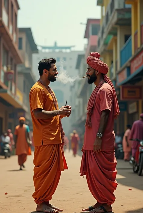 Messi and ronaldo smoking in a street with lungi and baniyan in india