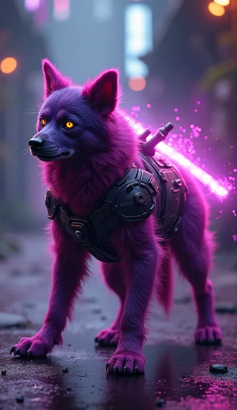 Create 32k ultra-realistic image of a dangerous, mutated hybrid fusion of Dog, Blackberry, and The Lightsaber as a costume. This evolution features a sleek, powerful dog with agile limbs, its fur seamlessly blending with deep purple, glowing blackberry tex...