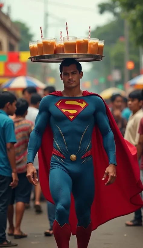 cinematic portrait of the original superhero character Superman selling iced tea while holding a tray on a stretcher above his head ((typical of snack sellers in Indonesia)) walking amidst a dense crowd of people, in the village square at a music stage eve...