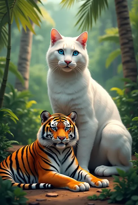 A big white cat and a tiger are sitting ,jungle background  