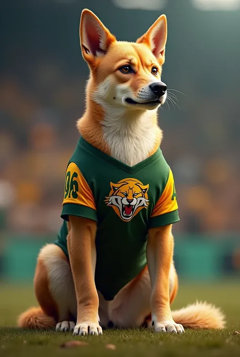 A dingo brown and white dog wearing Aussie NRL Penrith Panthers shirt 