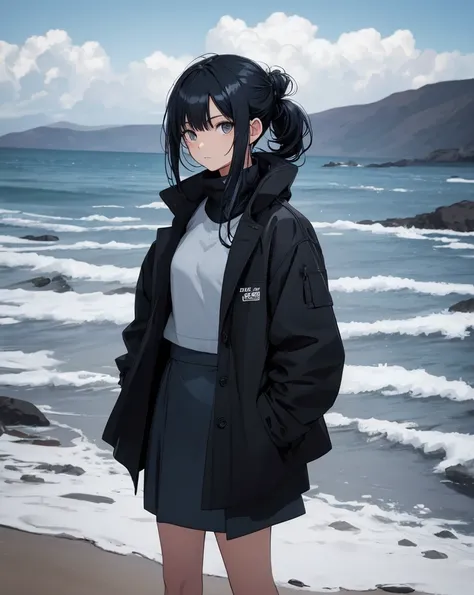  top quality,  Comic Strips , Illustration,
1 female, Black hair, long blue hair, inner color, bun on the back,Girls in their 30s, snow
A girl in a black top and gray skirt is standing on a sandy beach, Wear a black coat ,  Picture of a Slender Girl Model ...