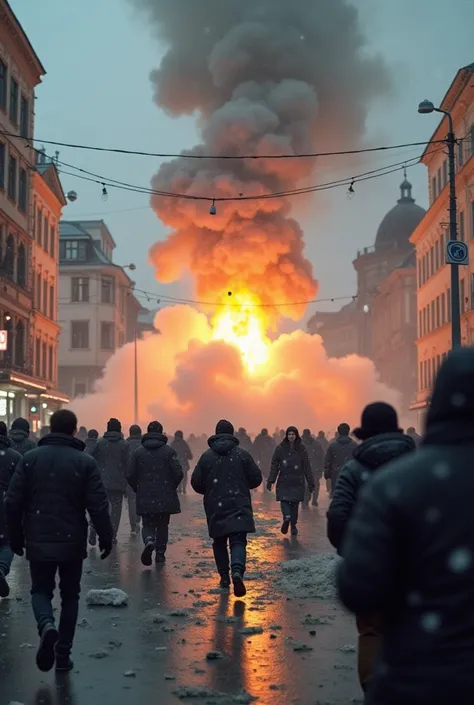 Russian missile fall and crashes in Kyiv. People scream and scatter in panic and running away. Smoke billows upward, mingling with the falling snow. Some collapse in the chaos, while others cry out for help. The once-vibrant market is now a scene of terror...