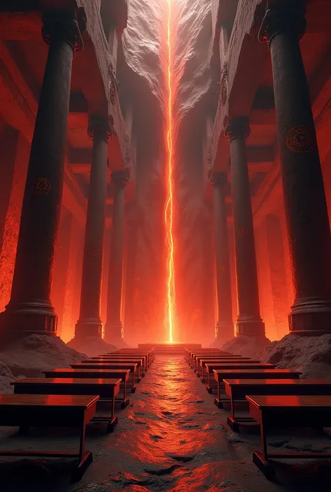 Think of a close classroom underground, its huge. There are columns with Fire symbols on their edges and there are lava waterfalls flowing right next to them. and there are 10 school desks in the middle of the classroom. In general, there will be red, oran...