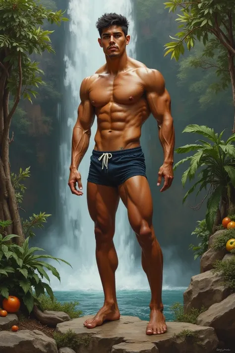 oil painting+digital_art, Fullbody style of a young Latino with a symmetrical slim athletic body, toned cinnamon skin, very masculine, wearing small shorts, black eyes, Roman nose, thin lips, fine face, medium eyes, broad shoulders, narrow waist, muscular ...