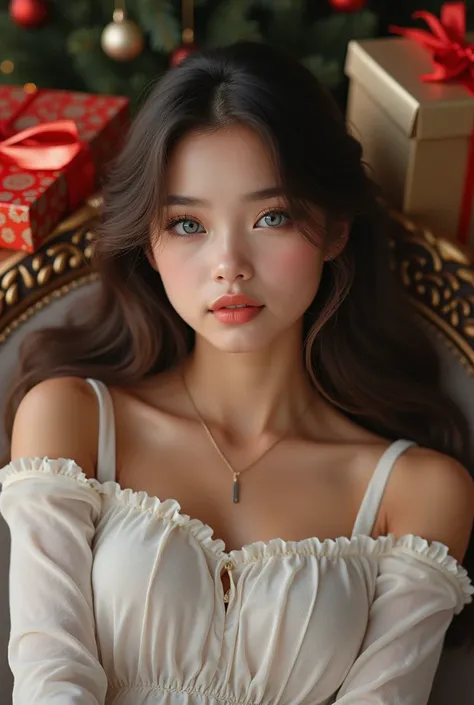  very detailed,  extremely realistic,  hyperrealism,  super real ,  top quality,(  Masterpiece  , soft lighting ,  STYLISH EYES WITH EVERY DETAIL: 1.2),15-year-old girl, (cute),Take a selfie while sitting on a chair、Surrounded by Christmas presents, off-th...