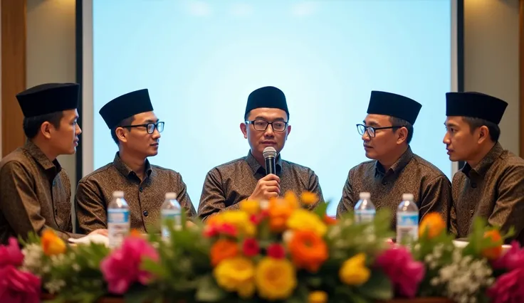 The image shows a group of five men sitting at a table with a microphone in front of them. They are all wearing traditional Indonesian clothing, with black caps and glasses. The man in the center is holding the microphone and appears to be speaking, while ...