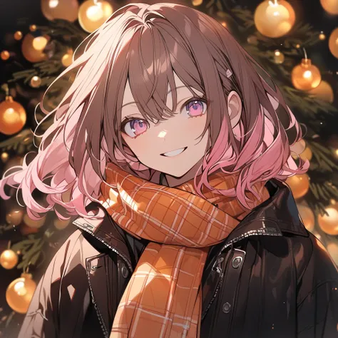   handsome, Alone,  1 Woman ,  medium hair,  brown hair, Pink highlights on the tips,  pale pink eyes,orange check scarf， Christmas tree ，smile