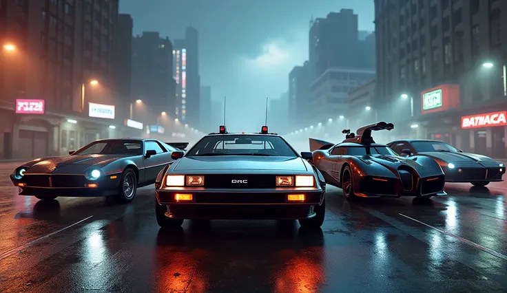 image with 5 different iconic cars from the movies, like delorean, batman...